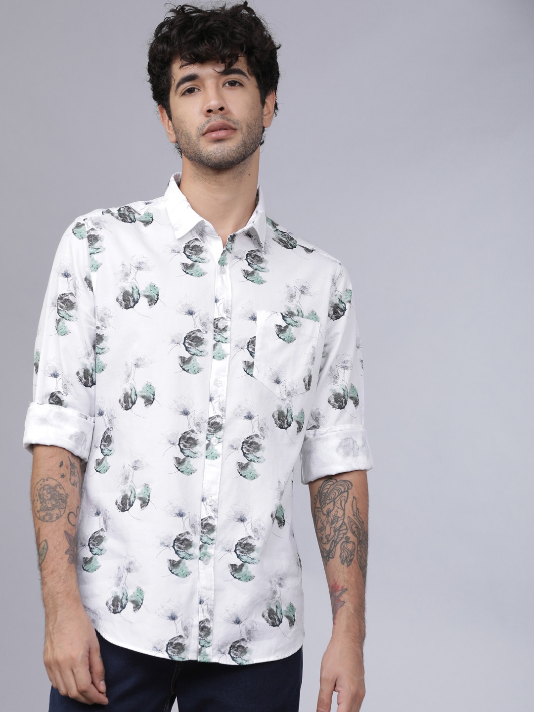 

HIGHLANDER Men White & Green Slim Fit Printed Casual Shirt