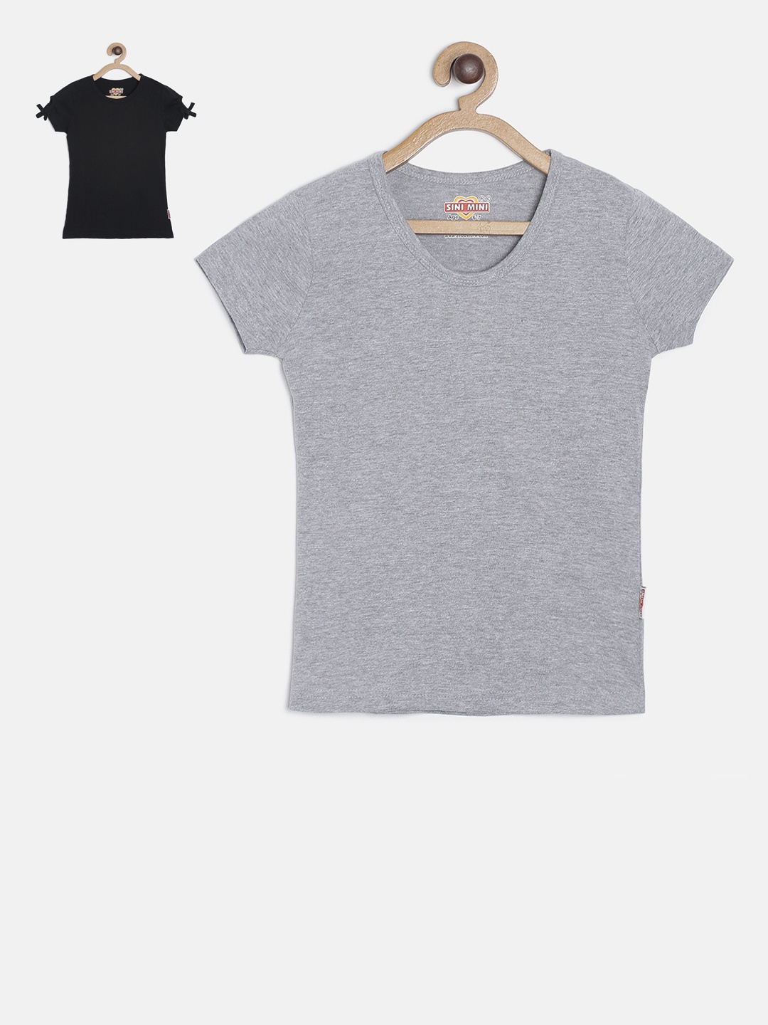 

SINI MINI Girls Pack of 2 Solid Round Neck T-shirts, Black