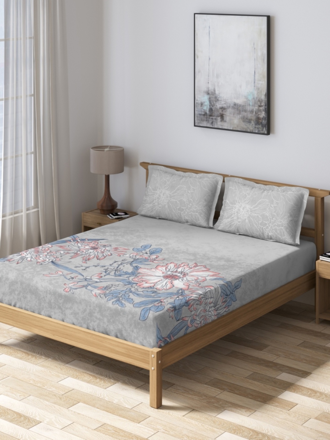 

DDecor Grey & Blue Floral 160 TC Cotton 1 Queen Bedsheet with 2 Pillow Covers