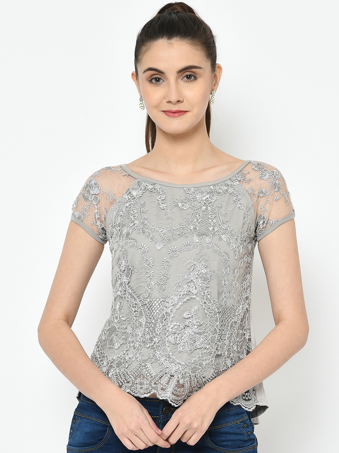 

Latin Quarters Women Grey Embroidered A-Line Top