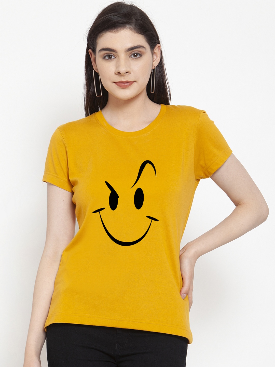 Friskers Women Mustard Yellow & Black Printed Round Neck T-shirt