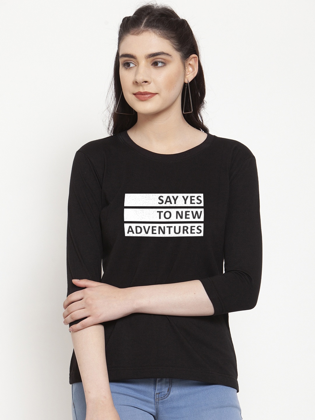

Friskers Women Black Printed Round Neck Slim Fit T-shirt