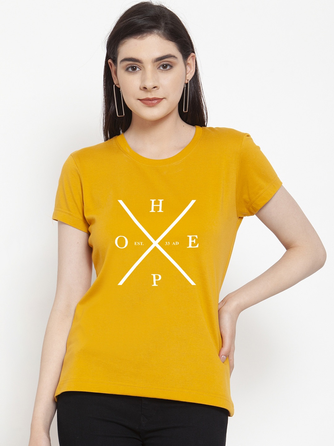 

Friskers Women Mustard Yellow Printed Round Neck T-shirt