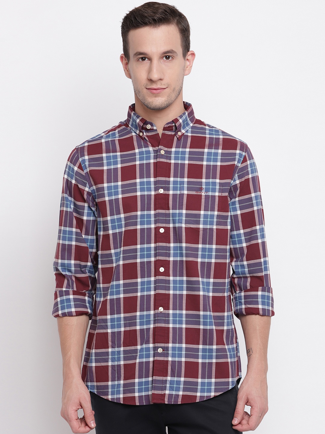 

GANT Men Maroon & Blue Regular Fit Checked Casual Shirt
