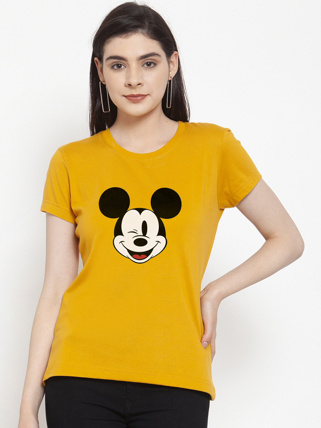 

Friskers Women Mustard Yellow Mickey Mouse Printed Round Neck T-shirt