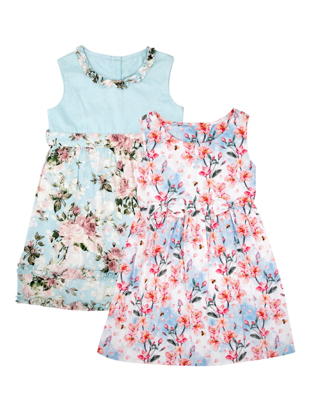 Softsens Girls Pack Of 2 Printed Organic Cotton Fit and Flare Dress, Blue