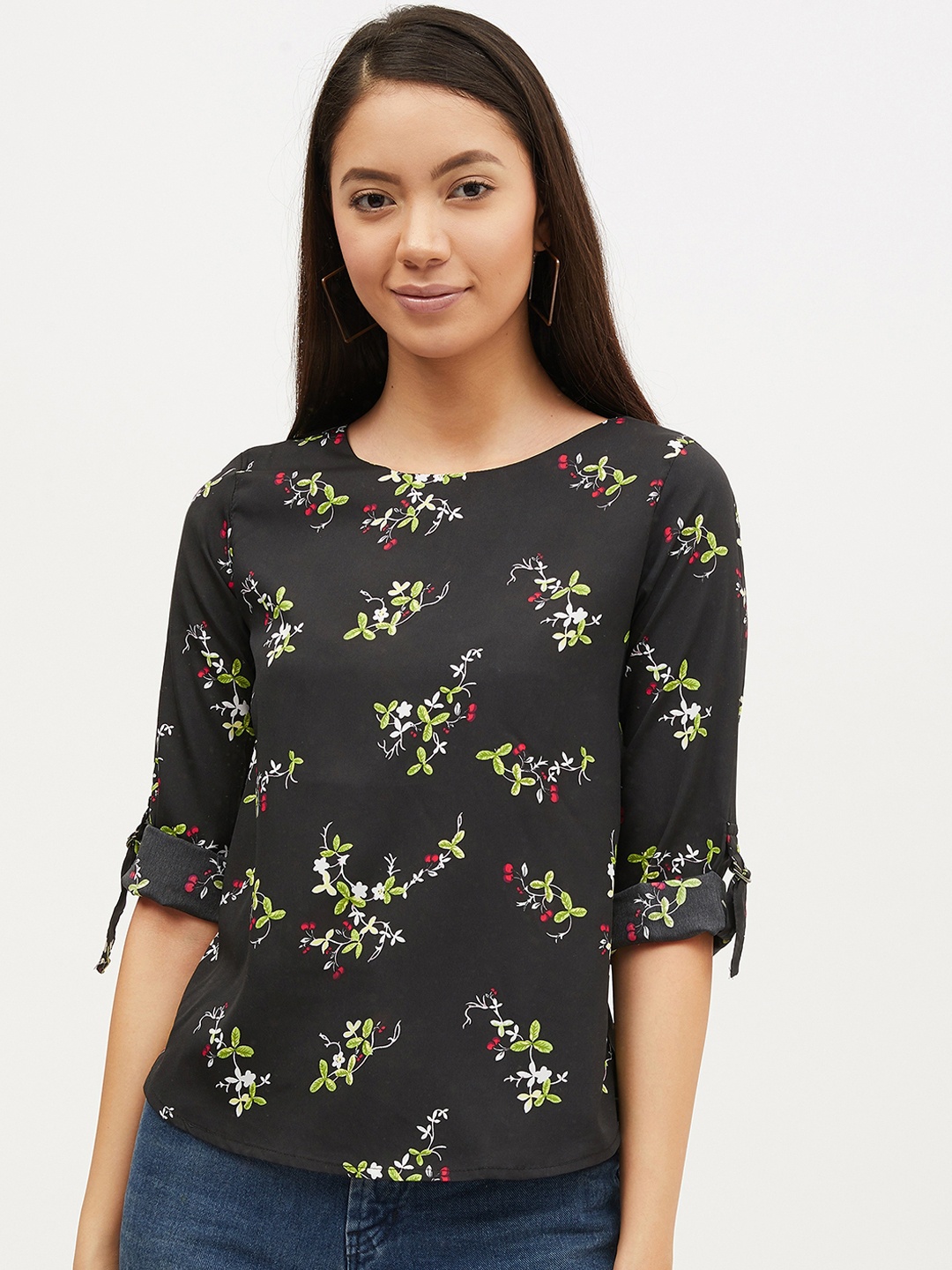 Harpa Women Black & White Floral Printed Top