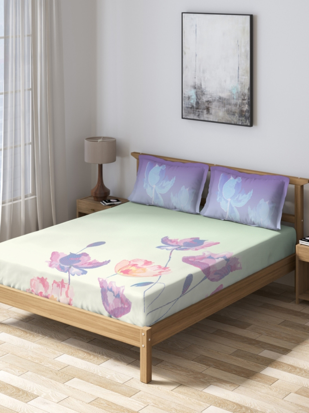

DDecor Green & Purple Floral 160 TC Cotton 1 Queen Fiited Bedsheet with 2 Pillow Covers