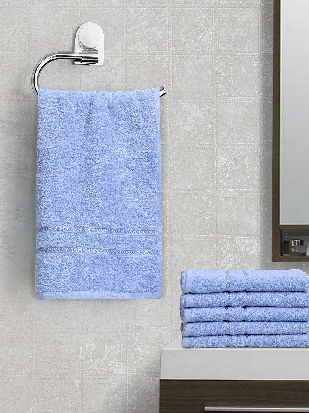 

BOMBAY DYEING Set Of 6 Blue Solid Flora 350 GSM Hand Towels