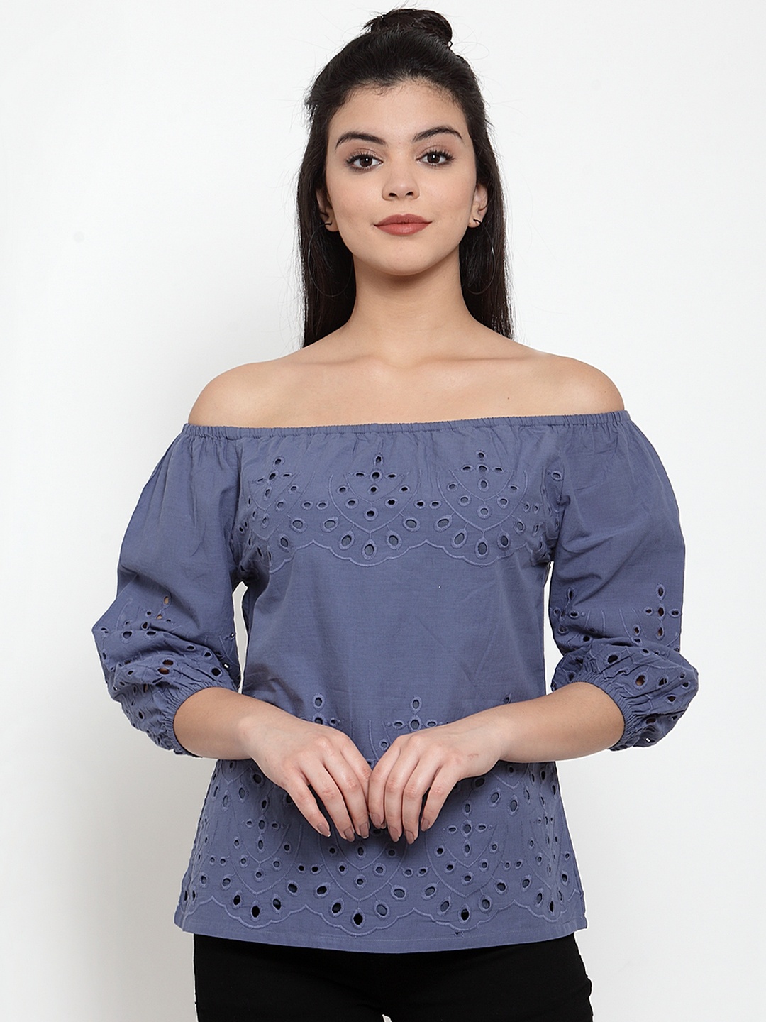 

Aujjessa Women Navy Blue Solid Bardot Pure Cotton Top