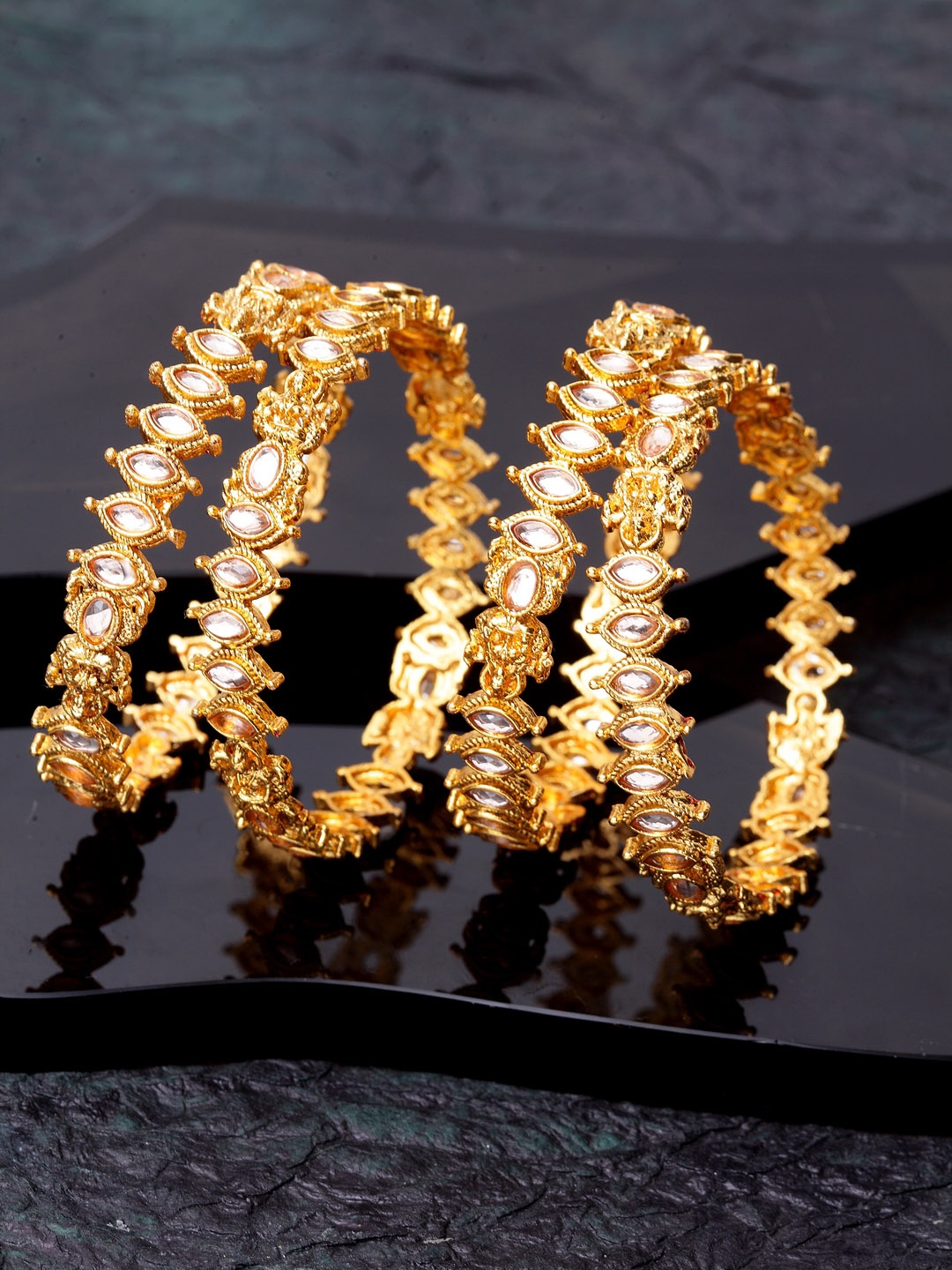 

Shining Diva Set Of 4 Gold-Plated & White Kundan-Studded Antique Bangles