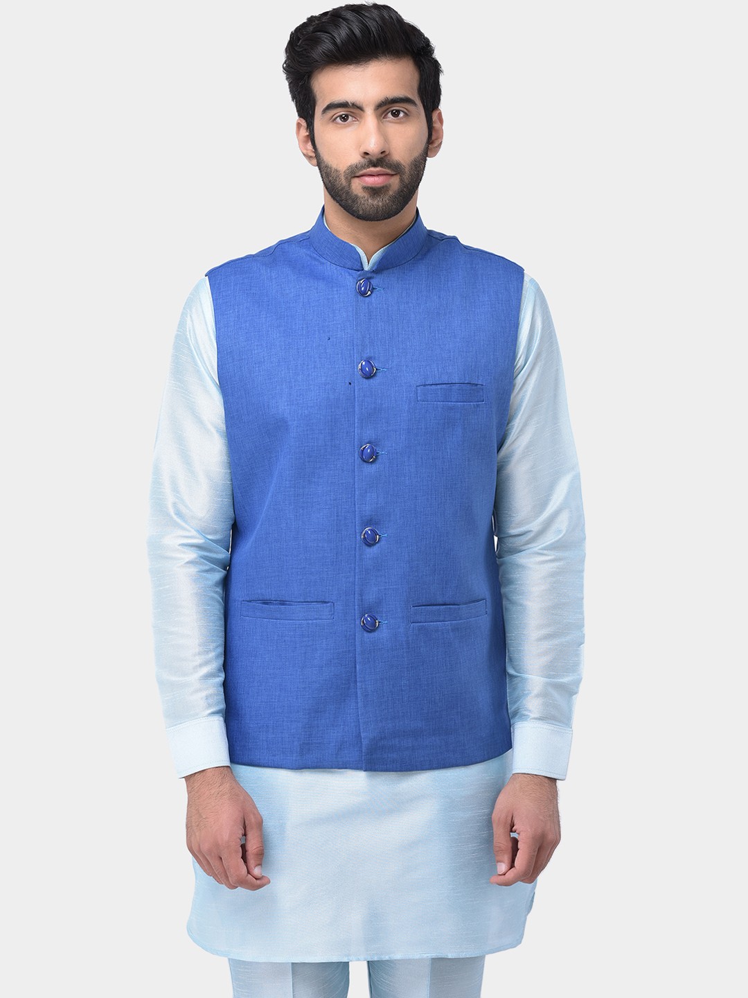 

SG LEMAN Men Blue Solid Woven Pure Cotton Nehru Jacket