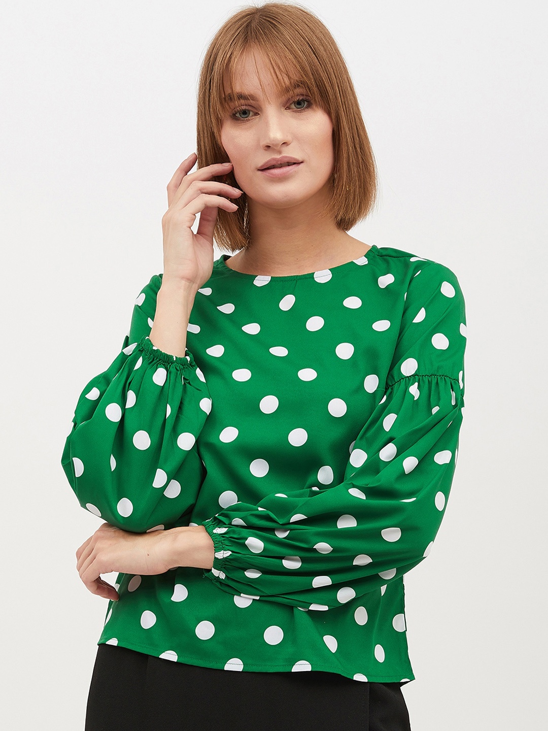 

Harpa Women Green & White Polka Dots Printed Top