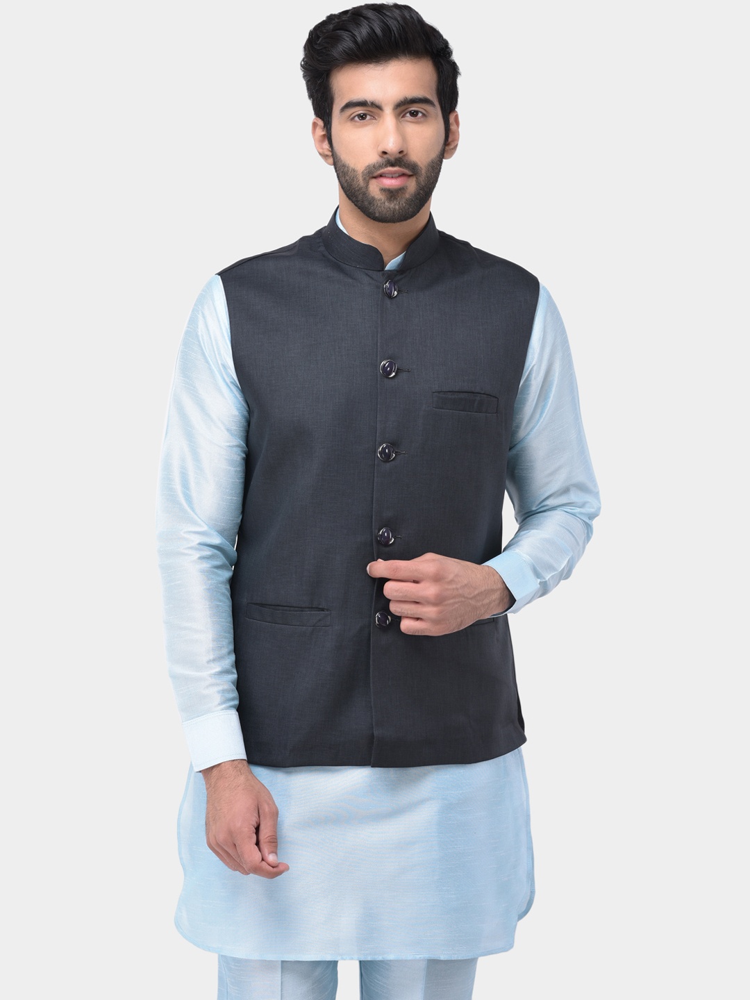 

SG LEMAN Men Black Solid Woven Pure Cotton Nehru Jacket