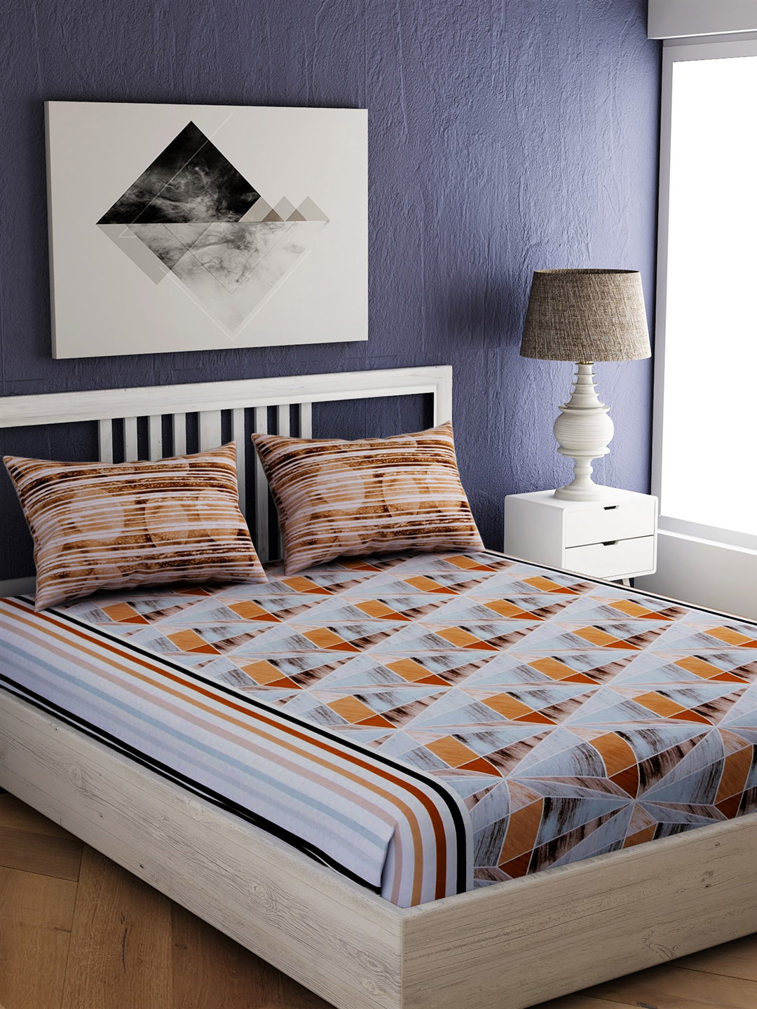 

EverHOME Blue & Brown Geometric 210 TC Cotton 1 Queen Bedsheet with 2 Pillow Covers