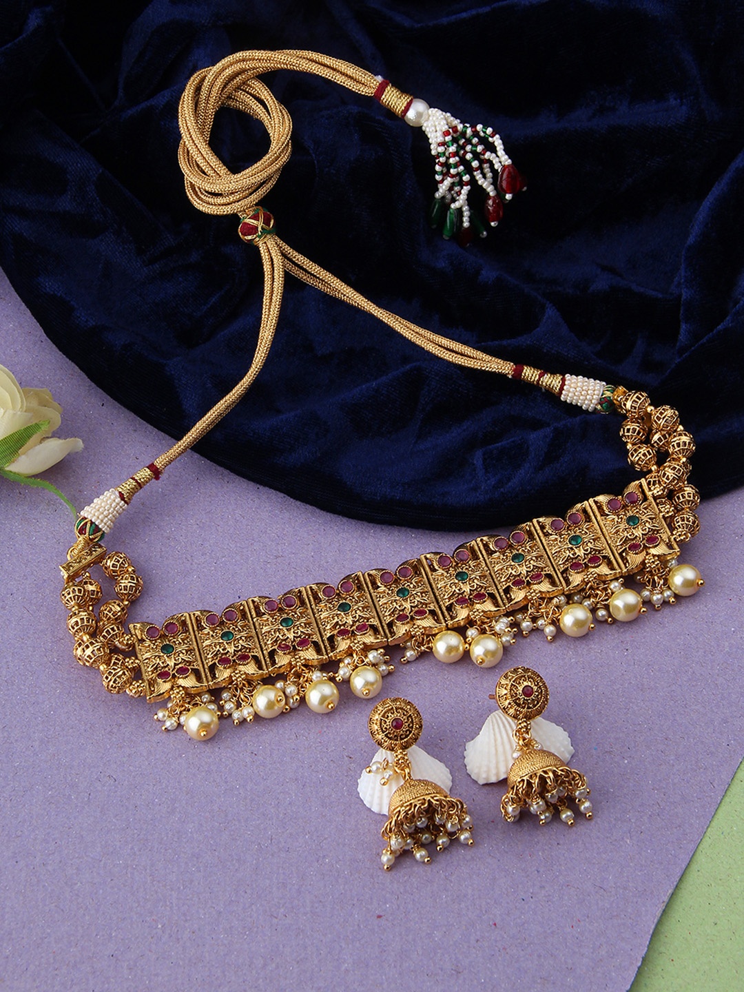 

Adwitiya Collection Gold-Plated Copper Antique Necklace with Earrings