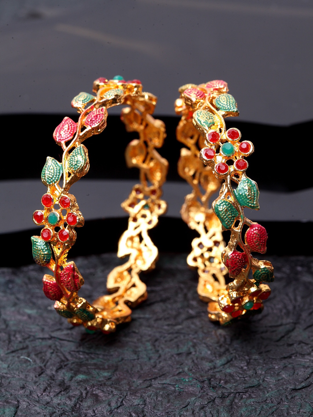 

Shining Diva Set Of 2 Gold-Plated Red & Green Stone-Studded Meenakari Bangles