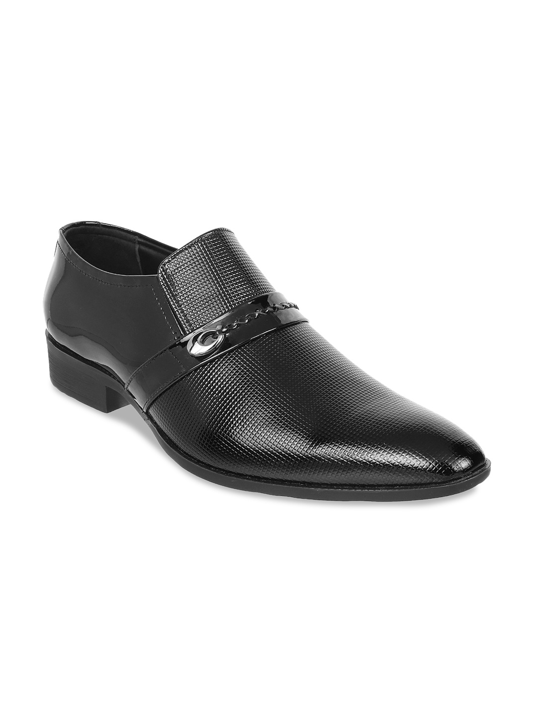 

Metro Men Black Textured Leather Formal Slip-Ons