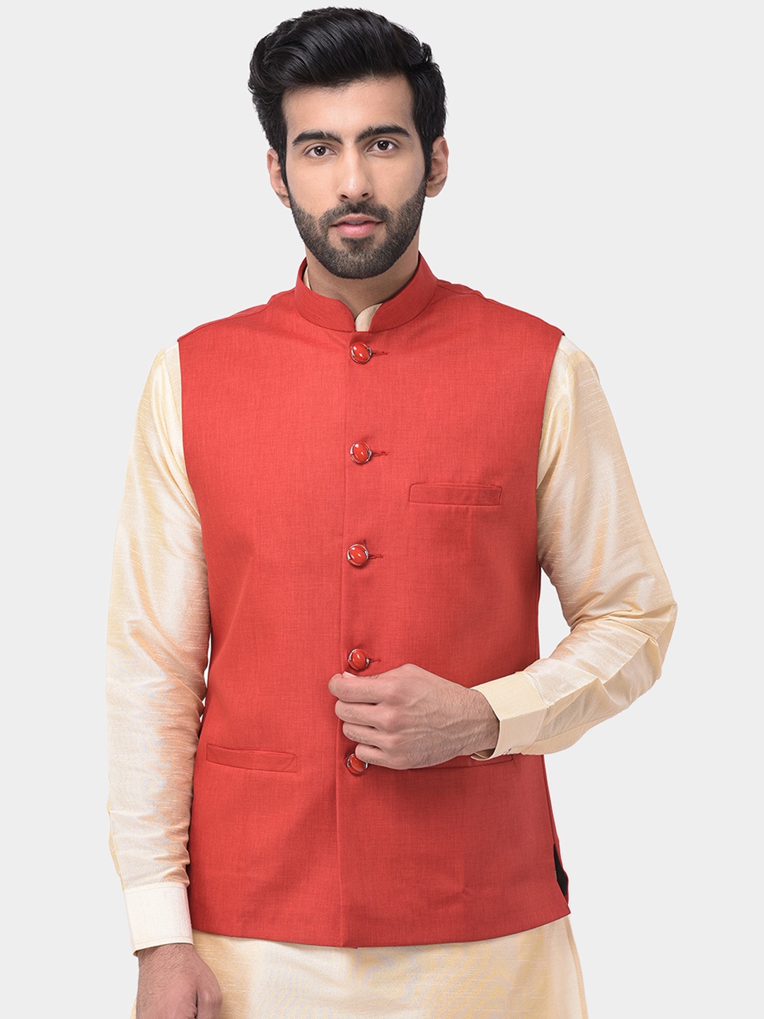 

SG LEMAN Men Red Solid Woven Pure Cotton Nehru Jacket