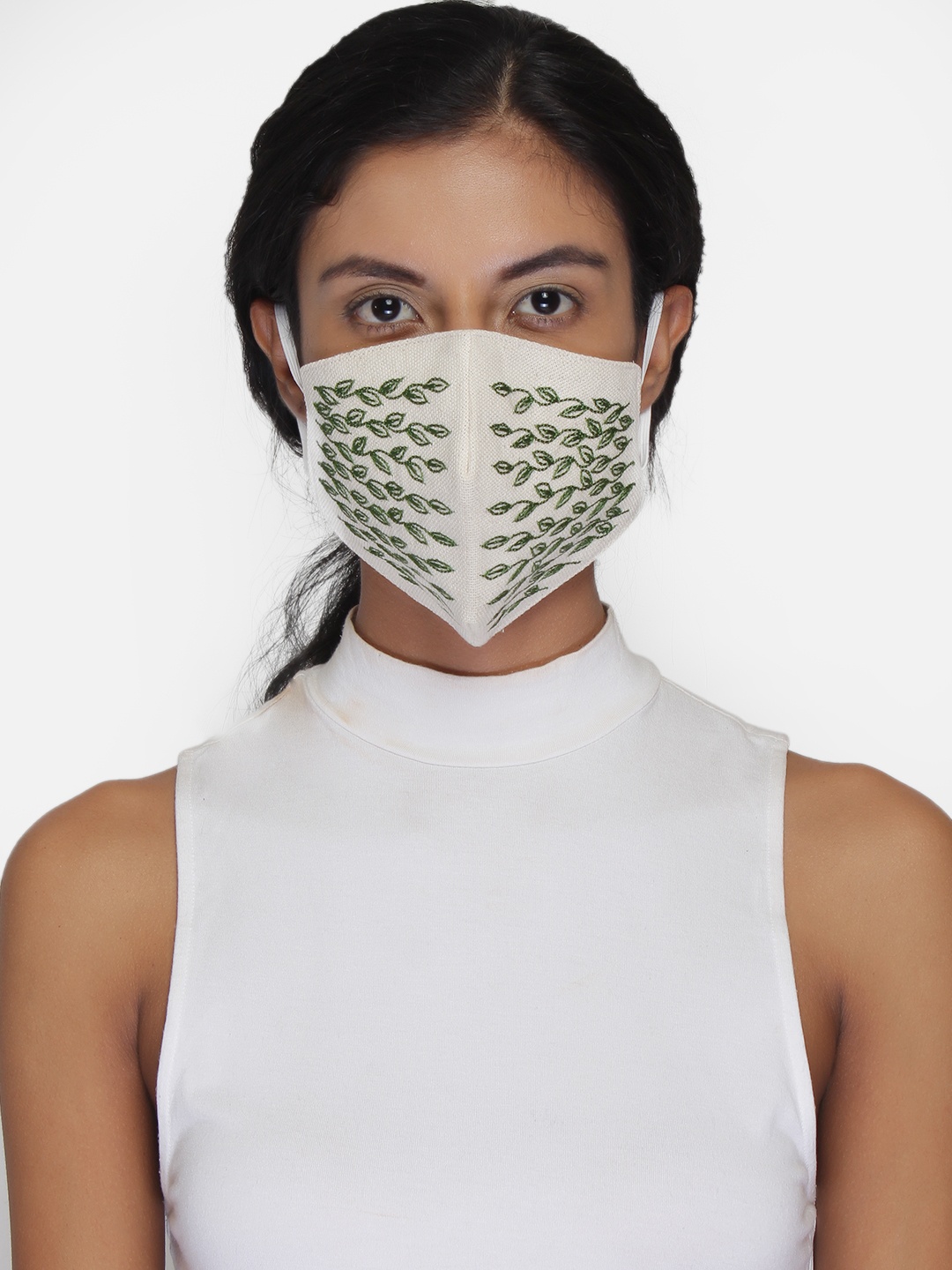 

Anekaant Women Green 3-Ply Reusable Embroidered Cotton Fabric Fashion Mask, White