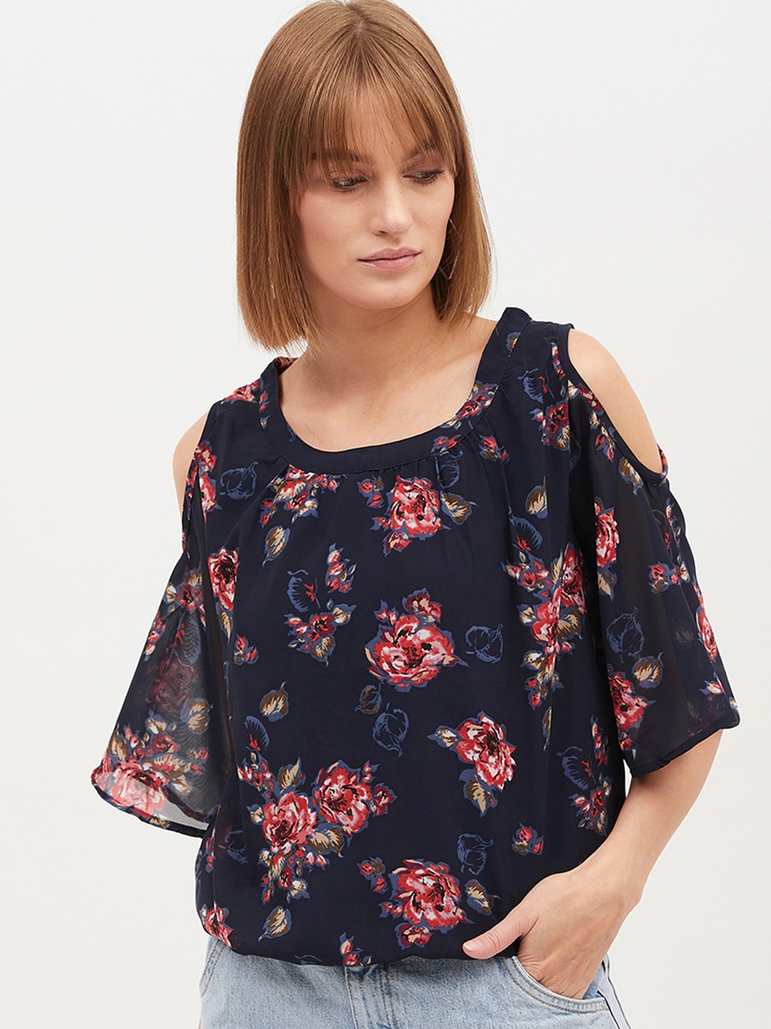 Harpa Women Navy Blue Printed Cold-Shoulder Top