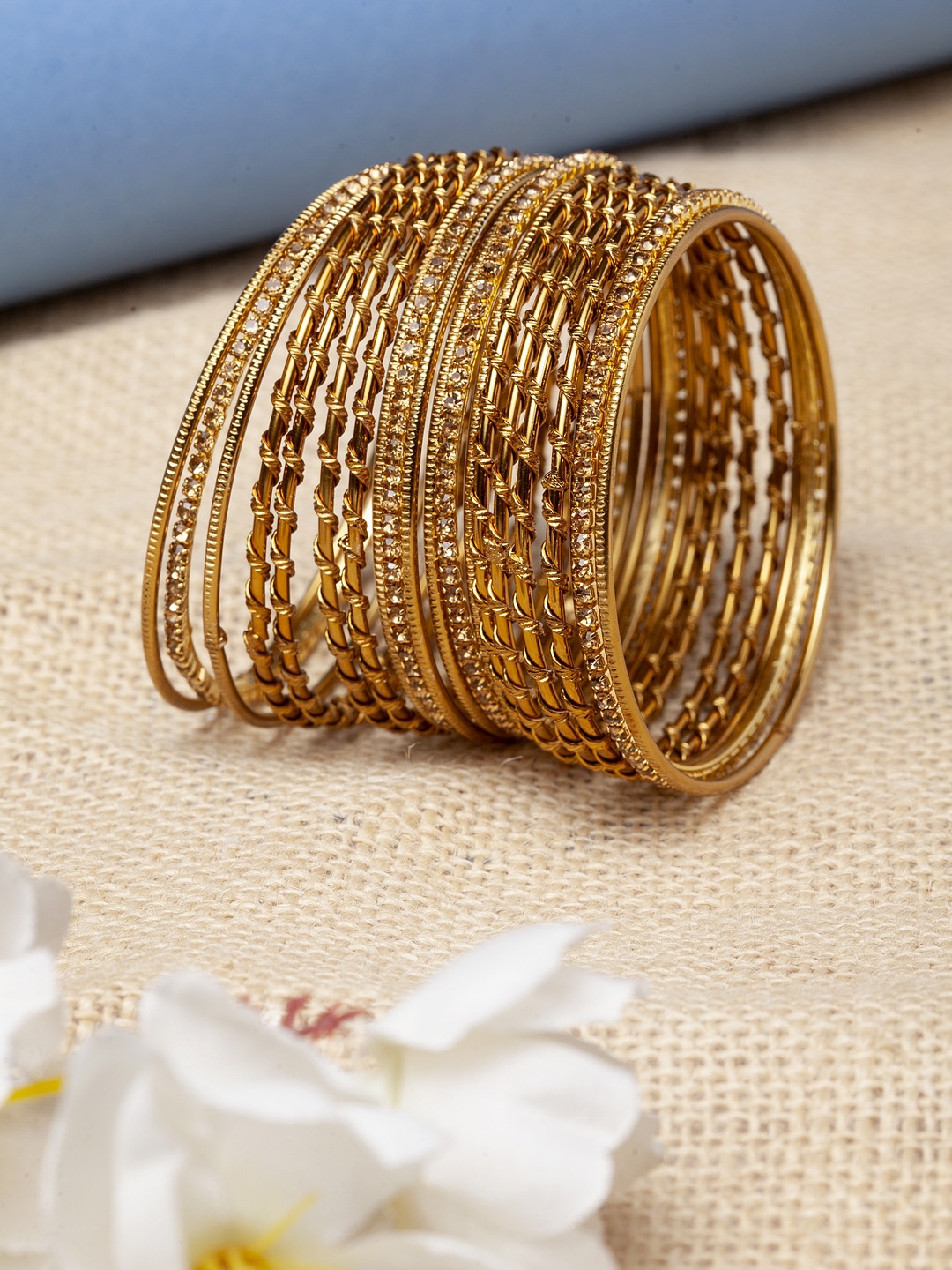 

Shining Diva Set Of 12 Gold-Plated & Tan Brown Stone-Studded Bangles