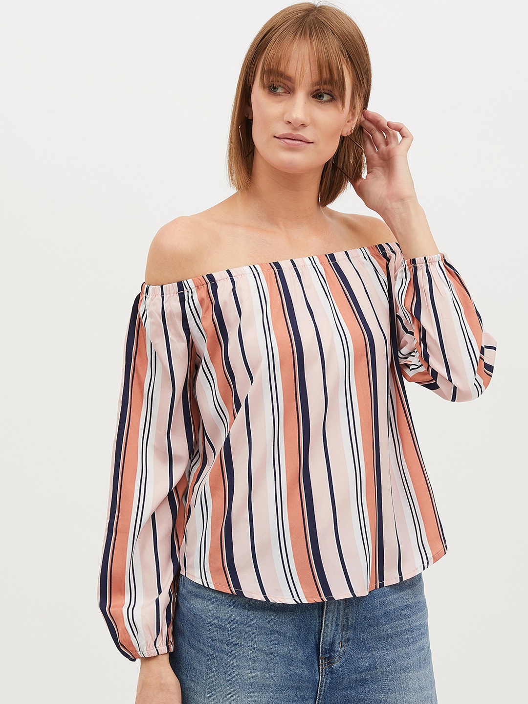 

Harpa Women Peach-Coloured & Blue Striped Bardot Top