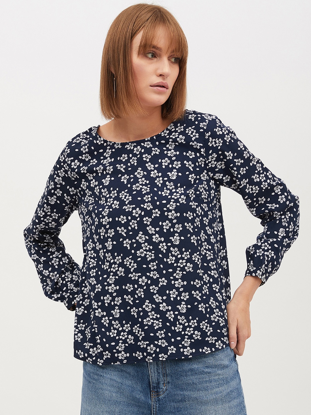 

Harpa Women Navy Blue Printed A-Line Top