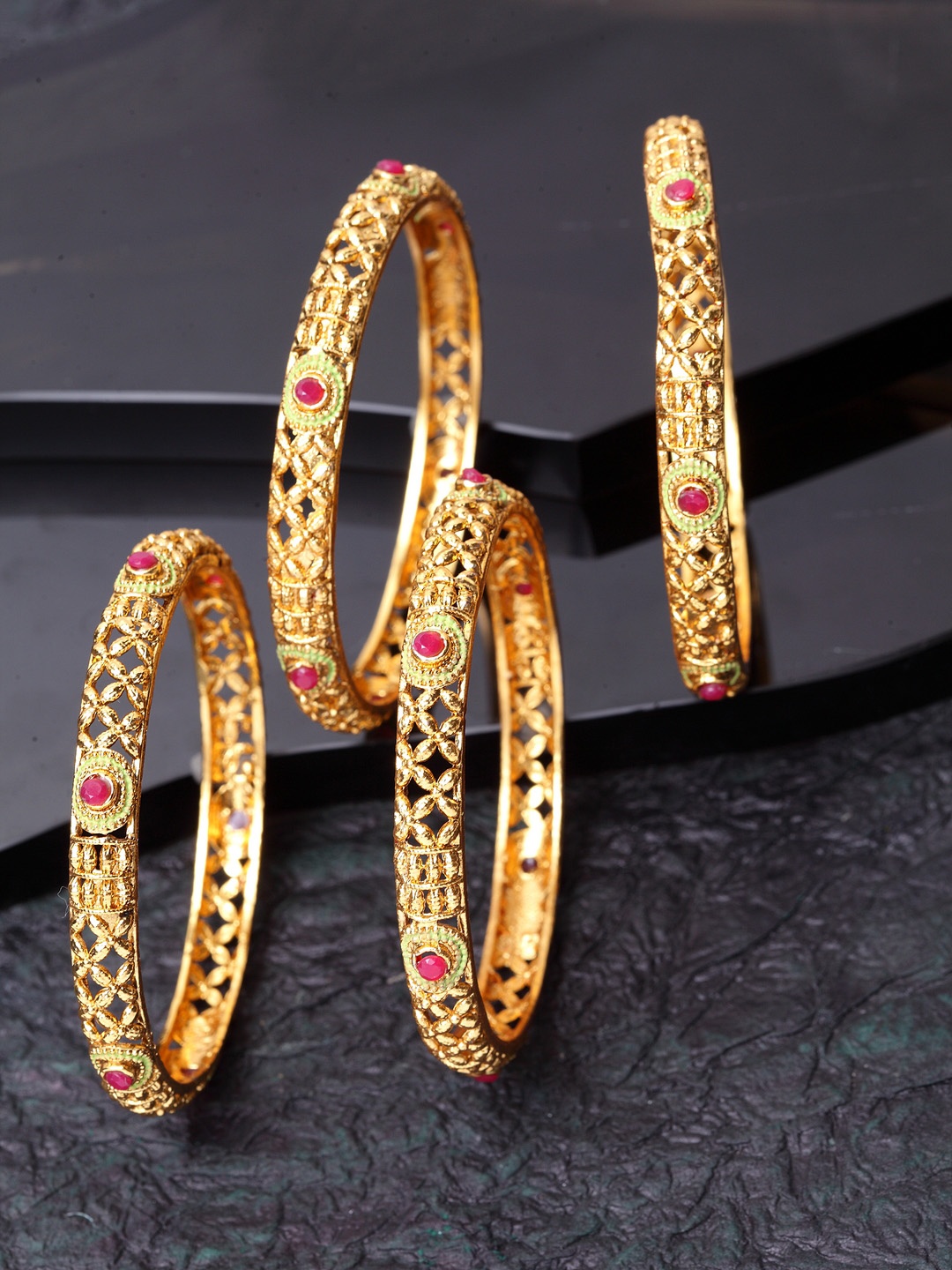 Shining Diva Set Of 4 Gold-Plated Pink & Green Stone-Studded Meenakari Bangles
