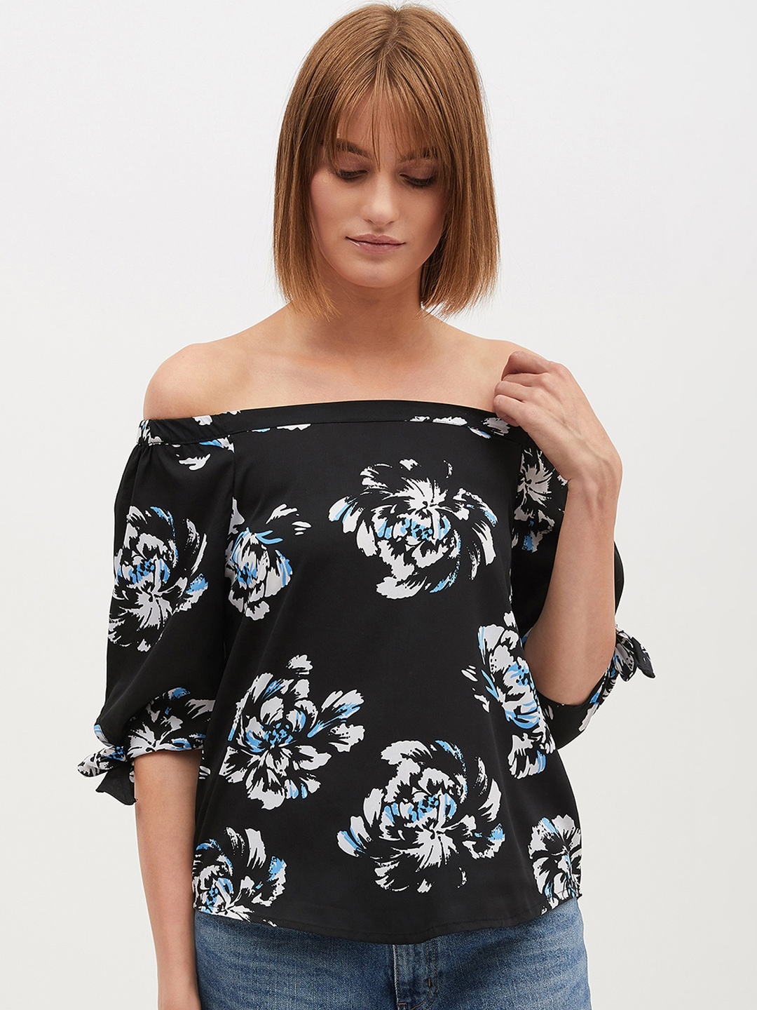 

Harpa Women Black Printed Bardot Top
