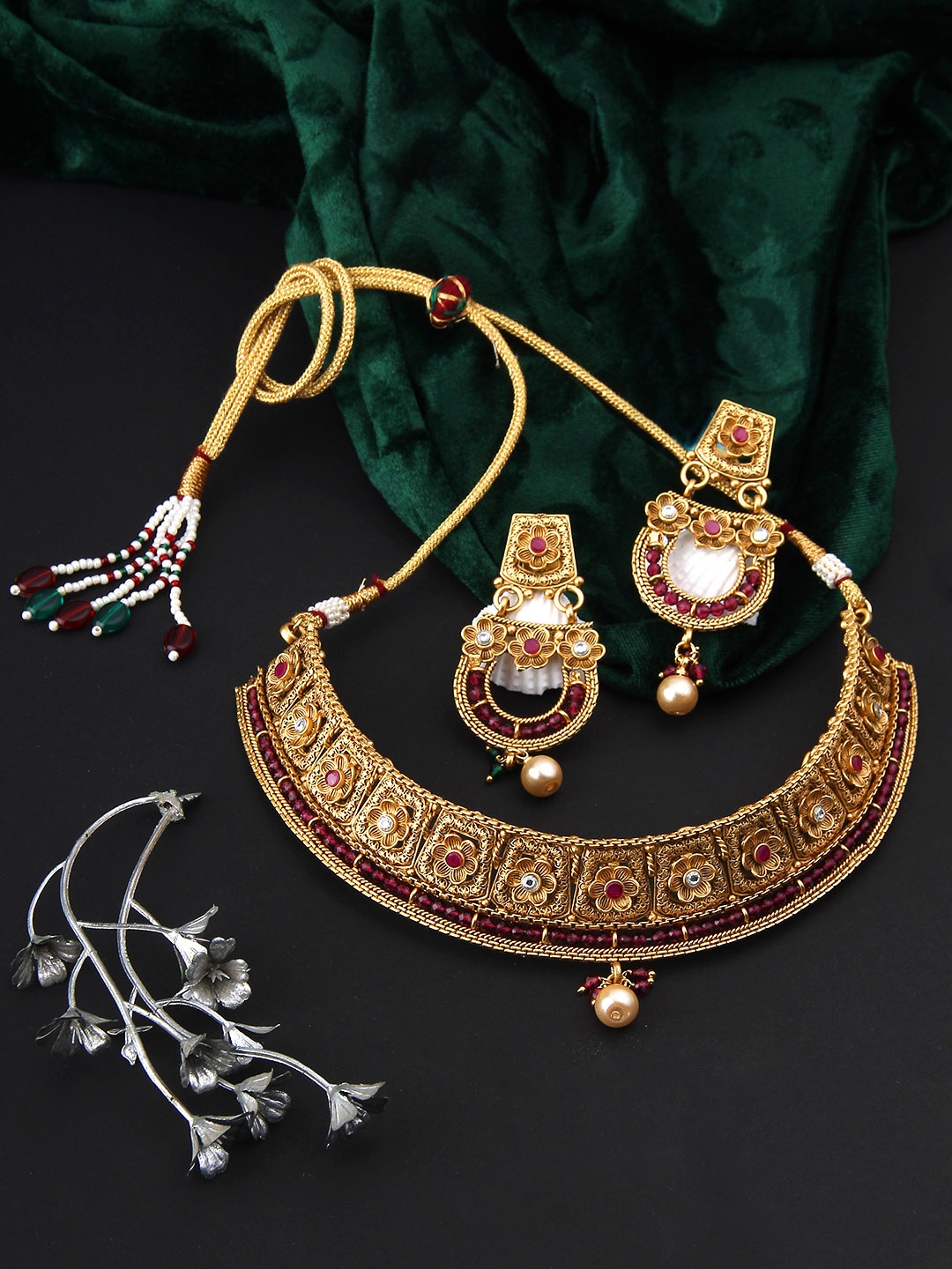 

Adwitiya Collection Gold-Plated Copper Antique Necklace with Earrings