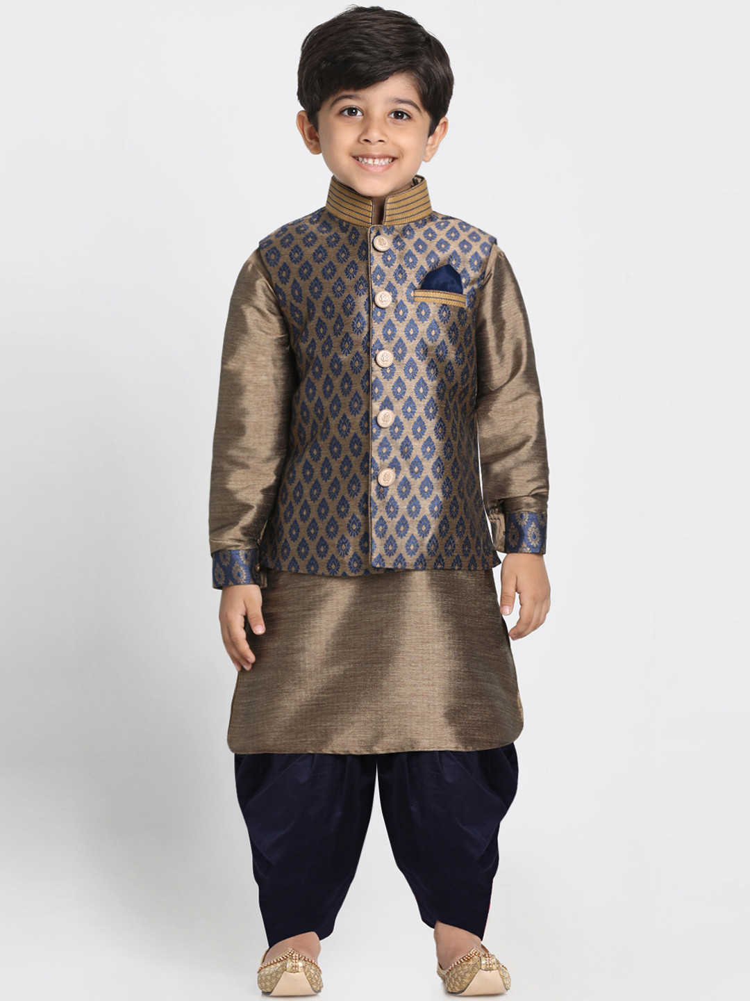 

JBN Creation Boys Copper-Toned & Navy Blue Solid Kurta with Dhoti Pants & Jacket