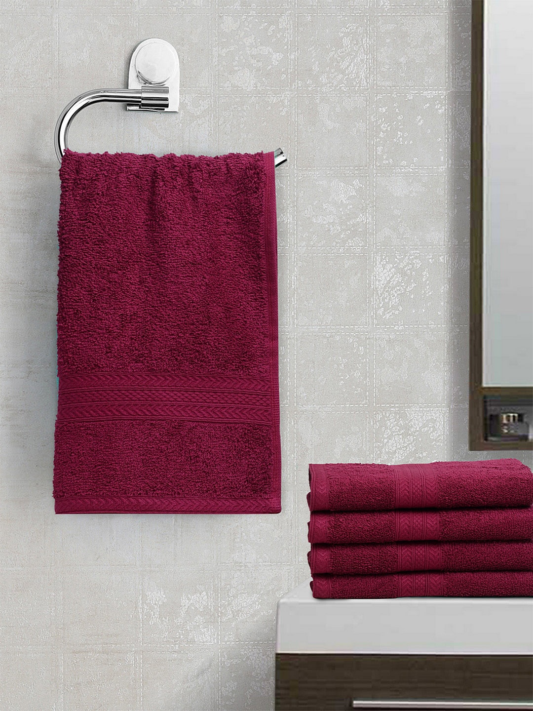 

BOMBAY DYEING Unisex Set Of 5 Maroon Solid Tulip 450 GSM Hand Towels
