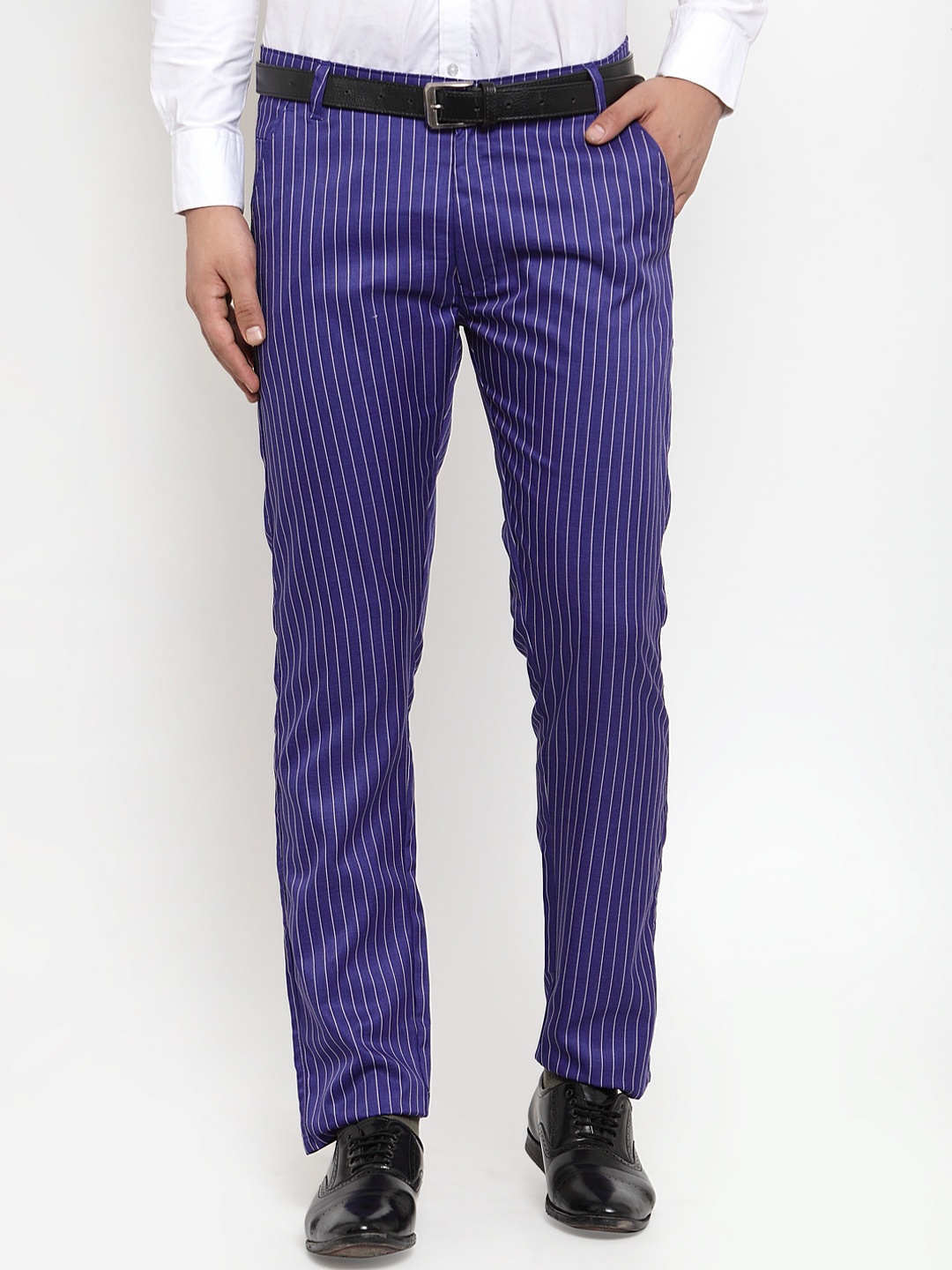 

JAINISH Men Royal Blue & White Smart Slim Fit Striped Formal Trousers