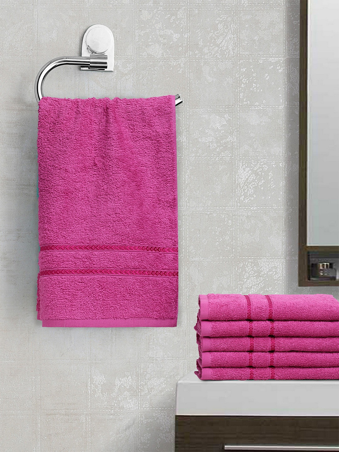

BOMBAY DYEING Unisex Set Of 6 Pink Solid Flora 350 GSM Hand Towels