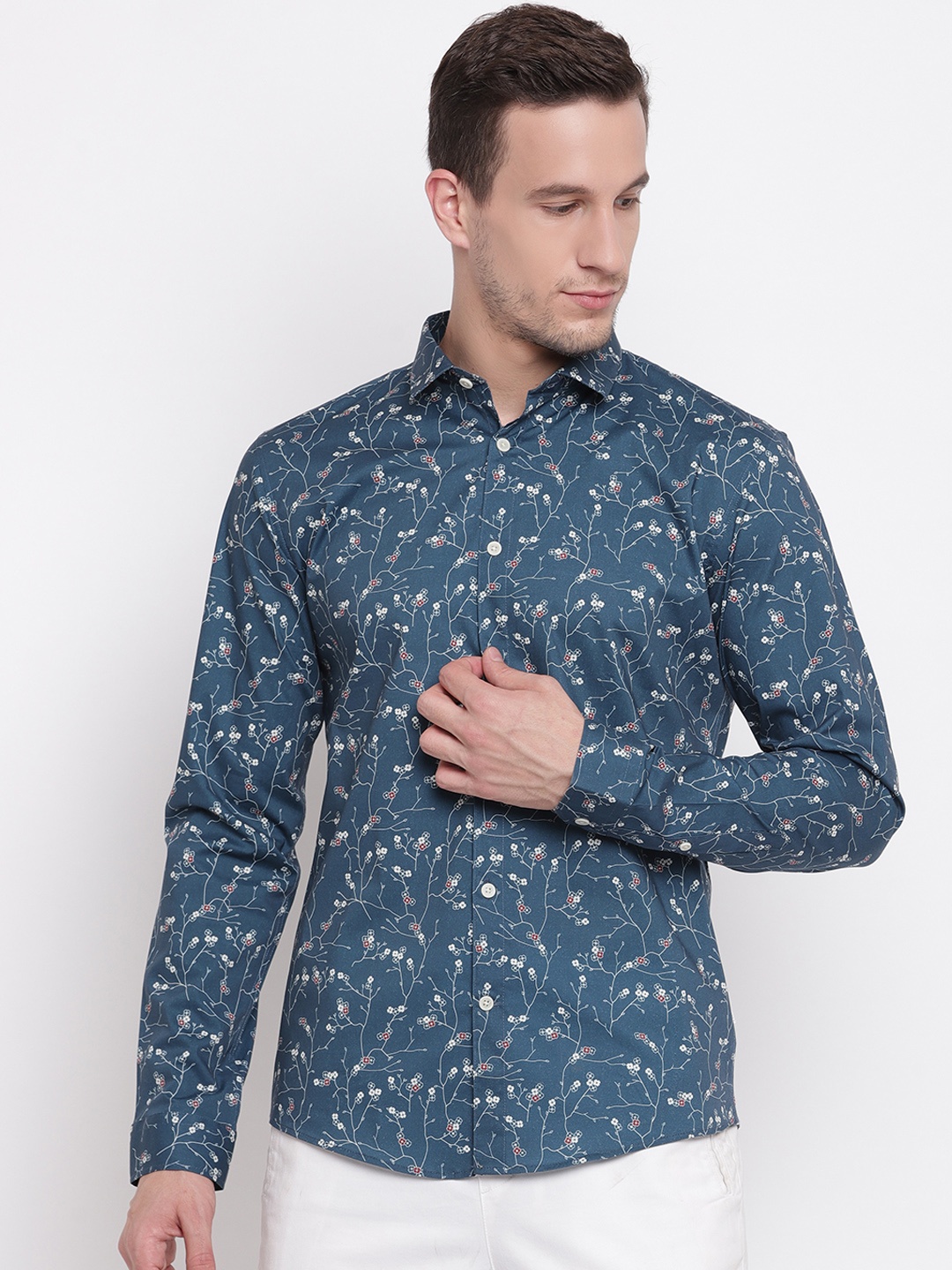 

LINDBERGH Men Turquoise Blue Slim Fit Printed Casual Shirt