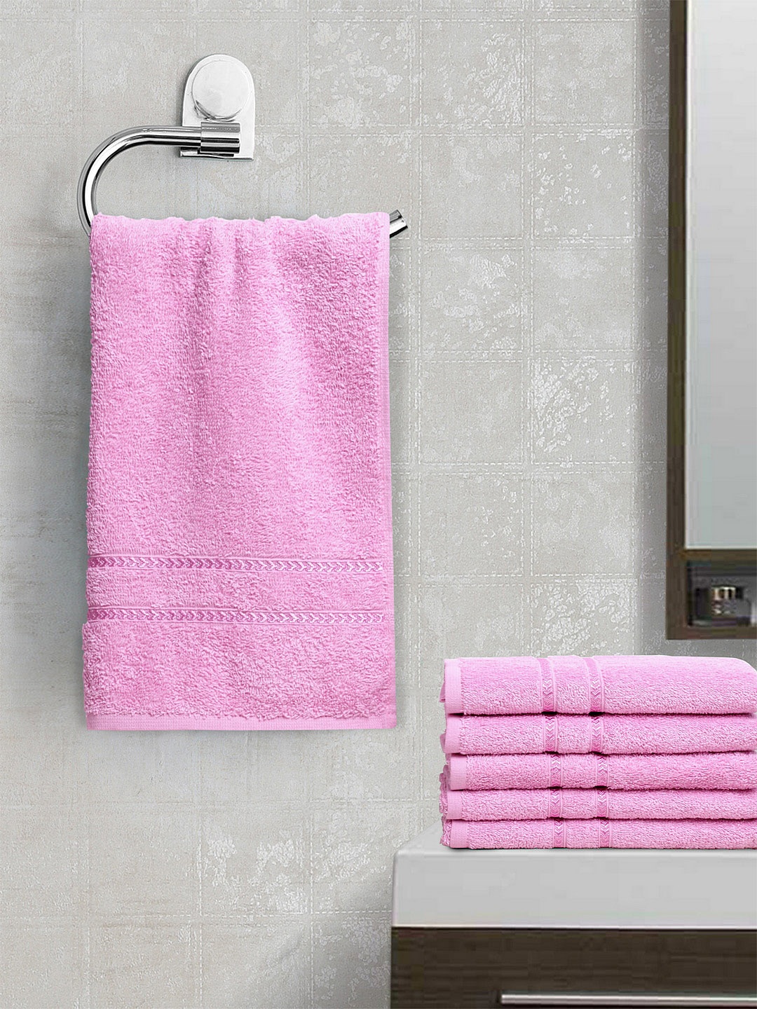 

BOMBAY DYEING Unisex Set Of 6 Pink Solid Flora 350 GSM Hand Towels
