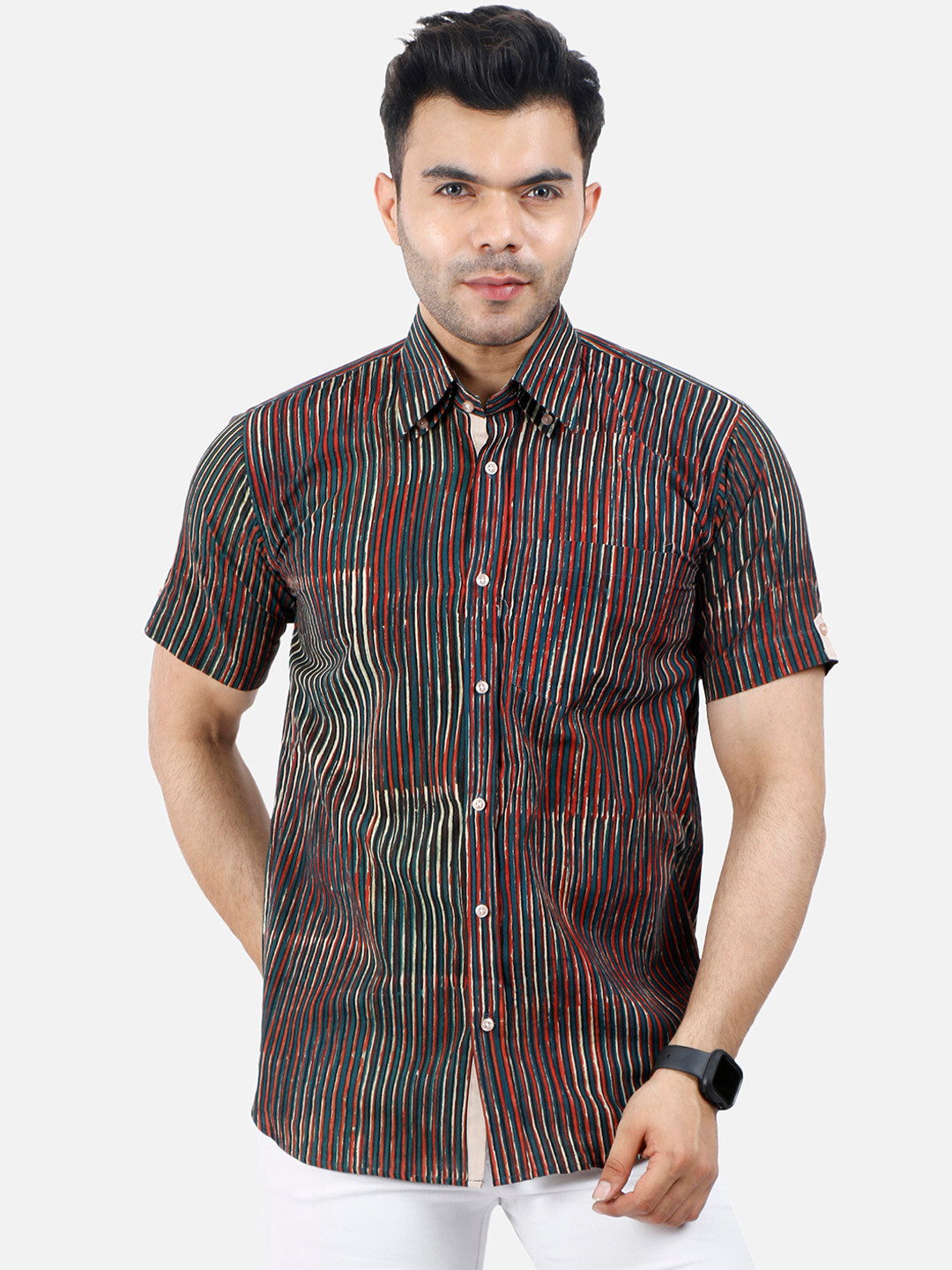 

Wintage Men Teal Blue & Red Regular Fit Striped Casual Shirt