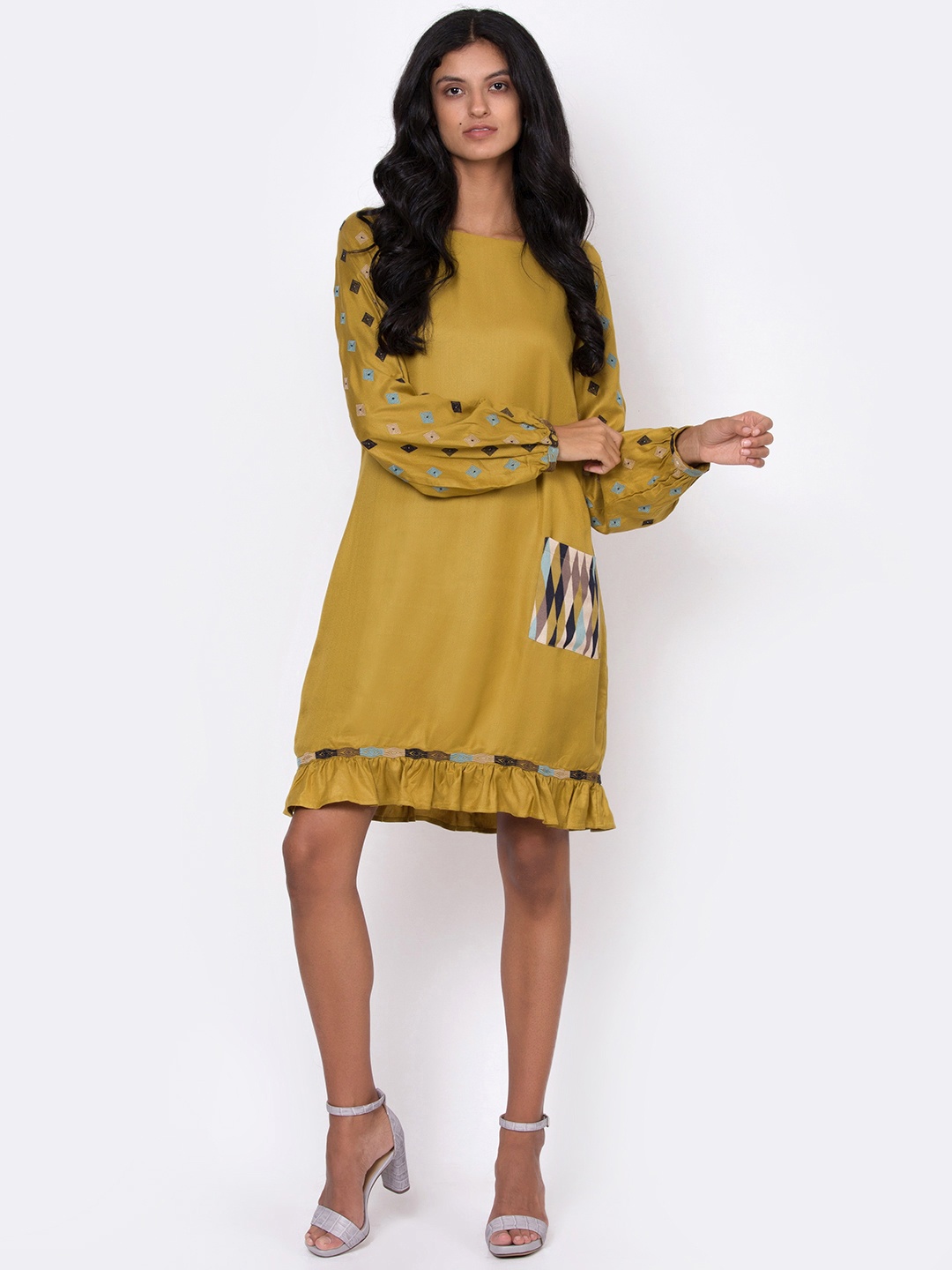 

ROOTED Women Mustard Yellow Embroidered Fit and Flare Dress