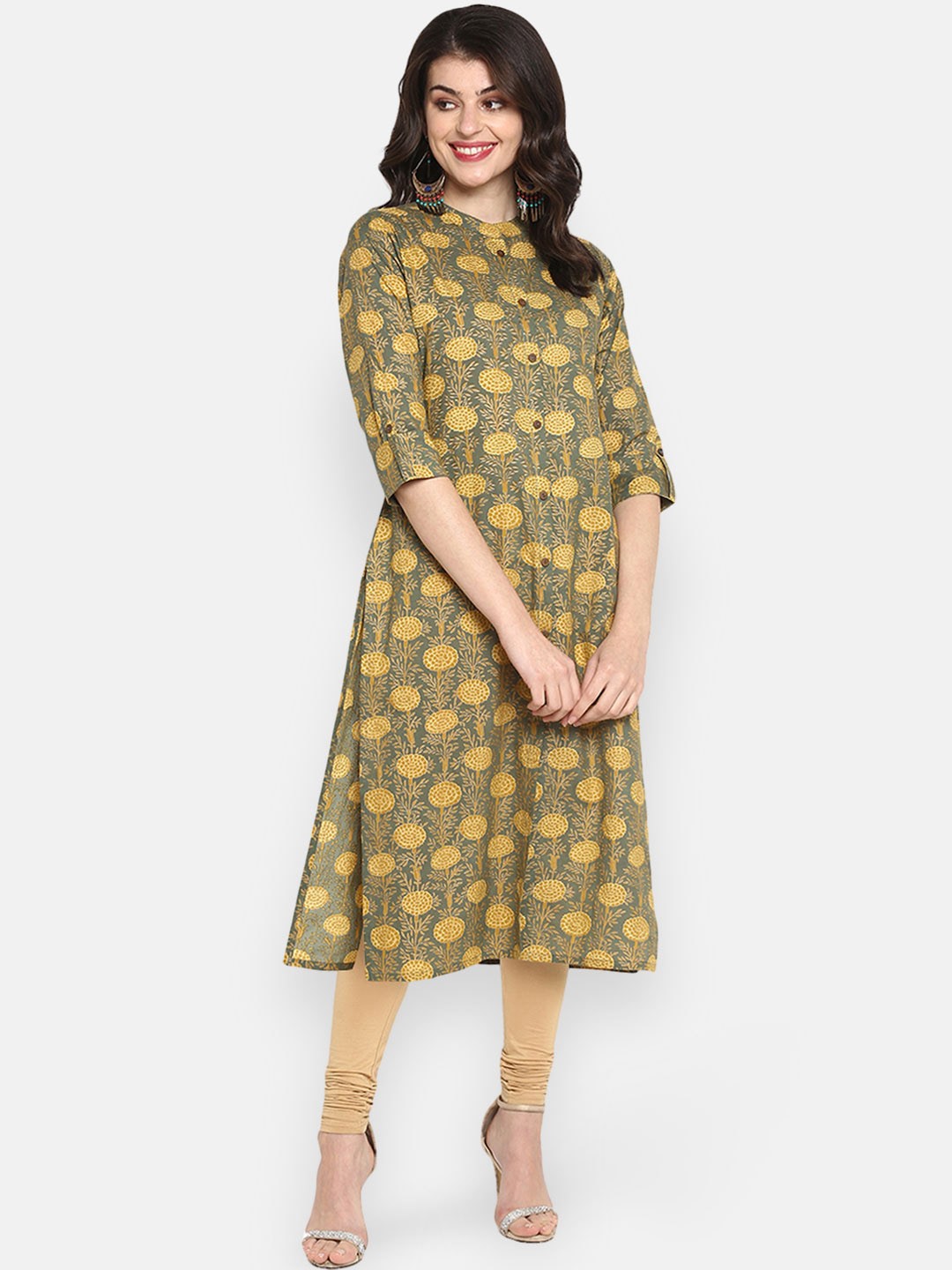 

Janasya Women Olive Brown & Yellow Printed Straight Kurta