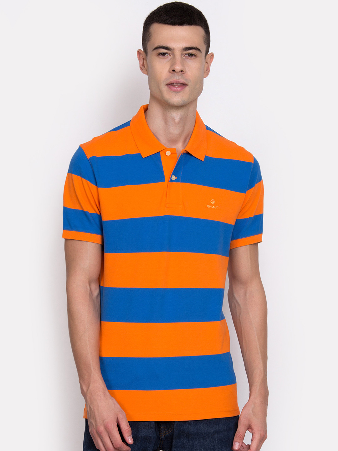 

GANT Men Blue & Orange Striped Polo Collar T-shirt