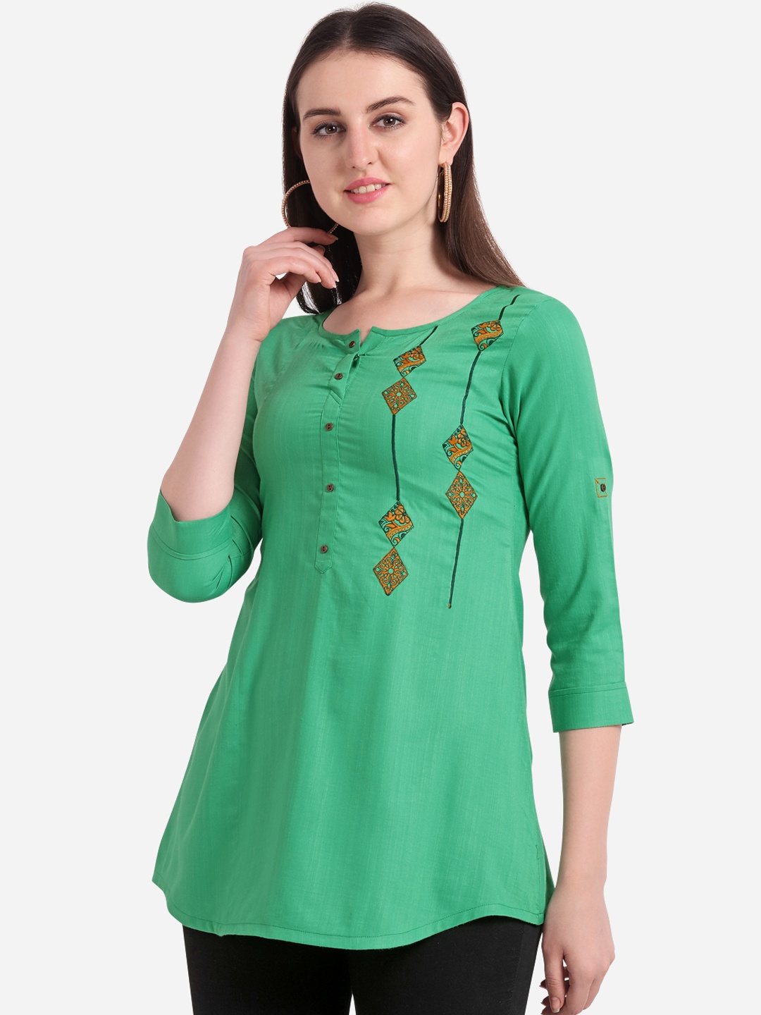

Kvsfab Women Green Solid A-Line Kurti