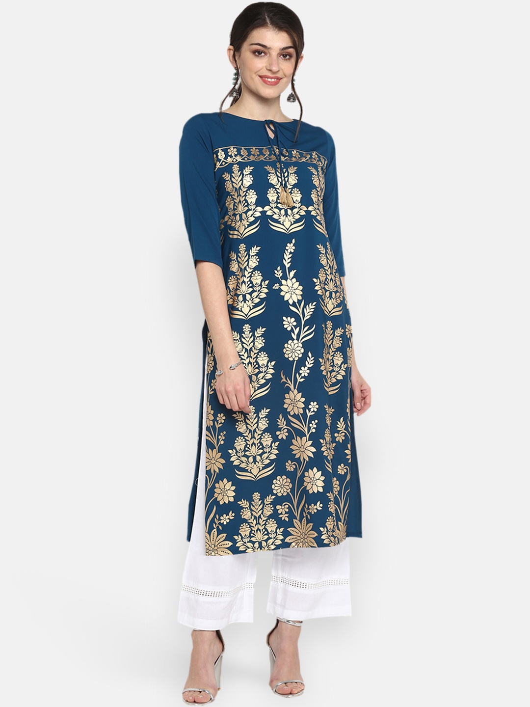 

Janasya Women Turquoise Blue & Gold-Toned Printed Straight Kurta