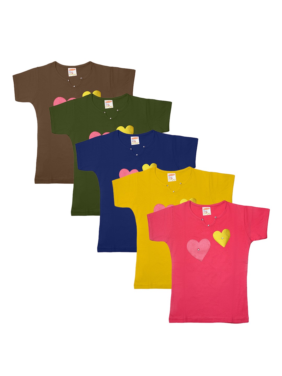 

TINY HUG Girls Pack of 5 Assorted Printed Round Neck T-shirts