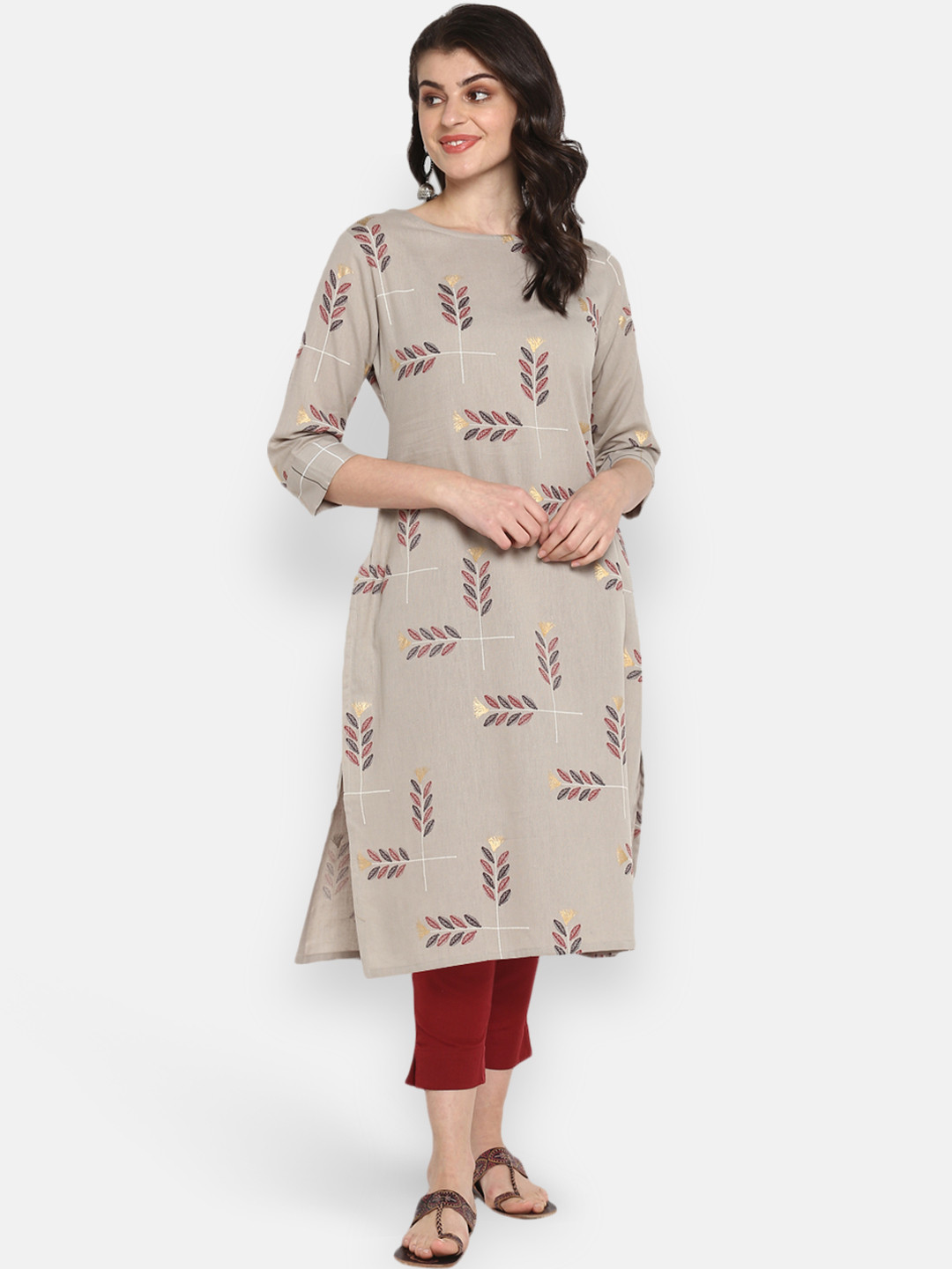 

Janasya Women Taupe Printed Straight Kurta