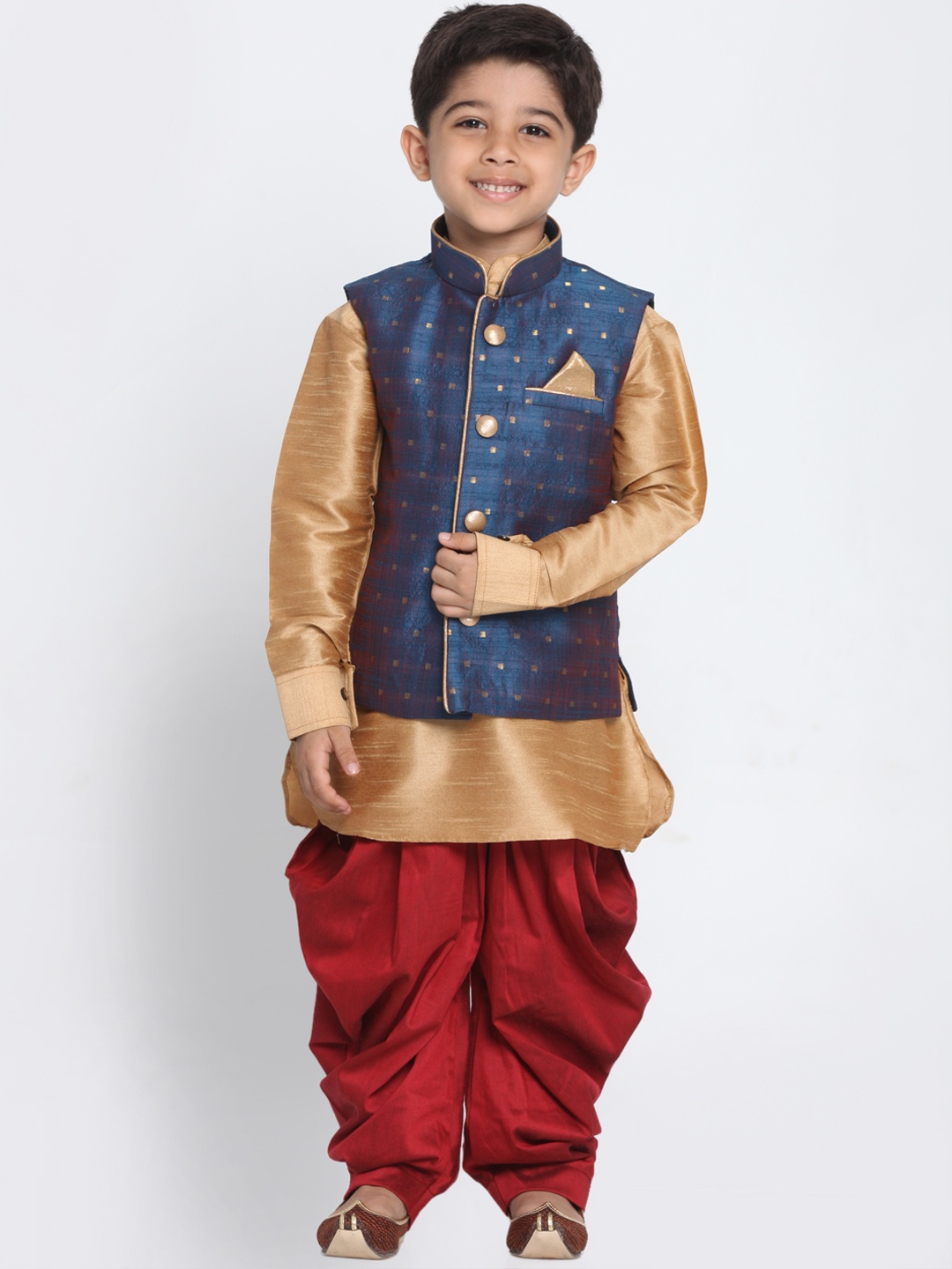 JBN Creation Boys Gold-Toned & Maroon Self Design Kurta with Dhoti Pants