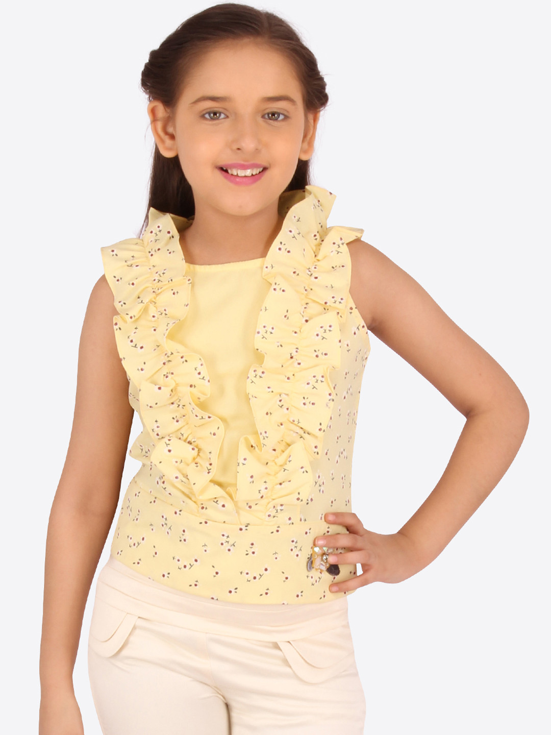 

CUTECUMBER Girls Yellow Printed Ruffled Top