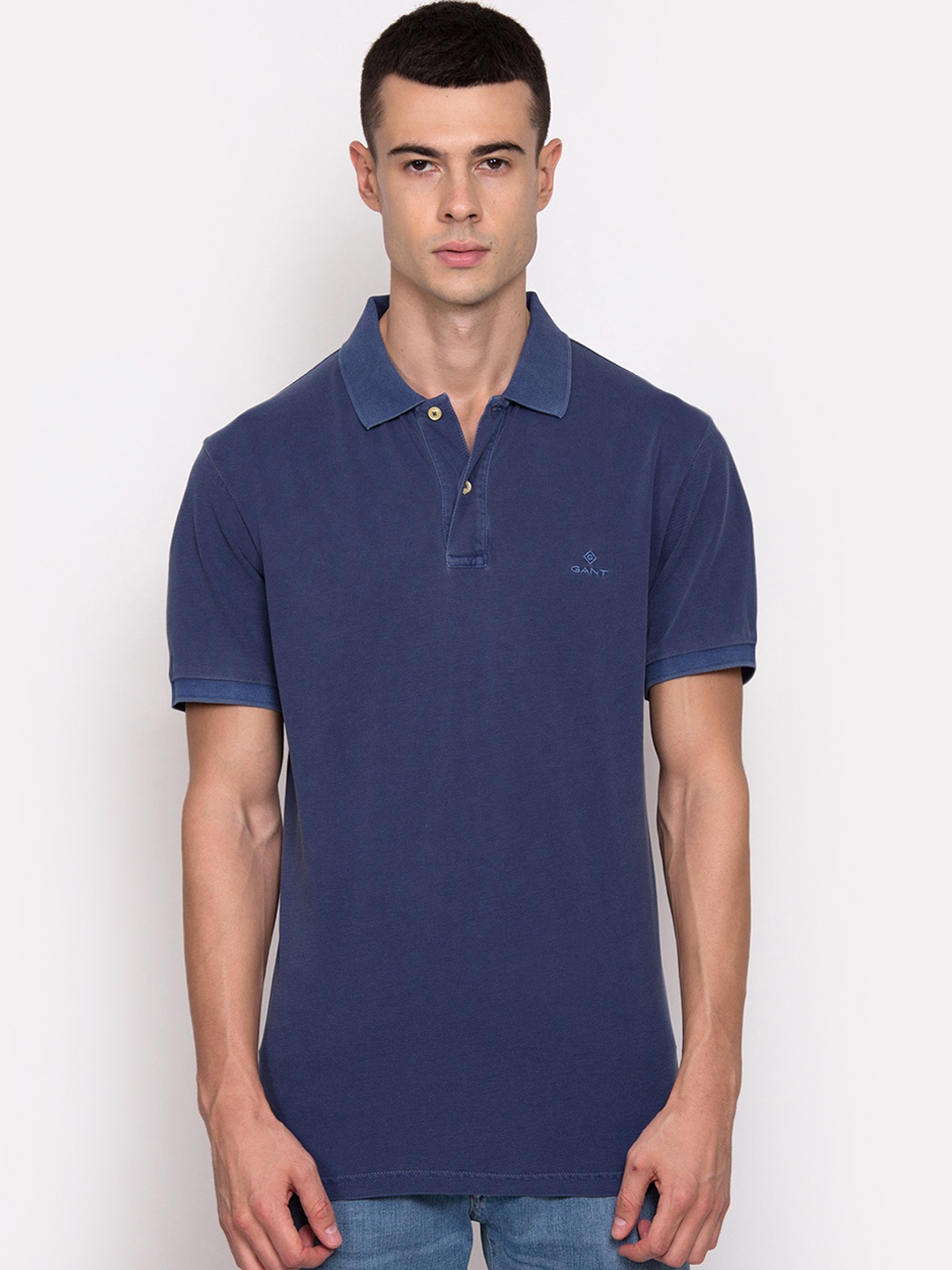 

GANT Men Navy Blue Solid Polo Collar T-shirt