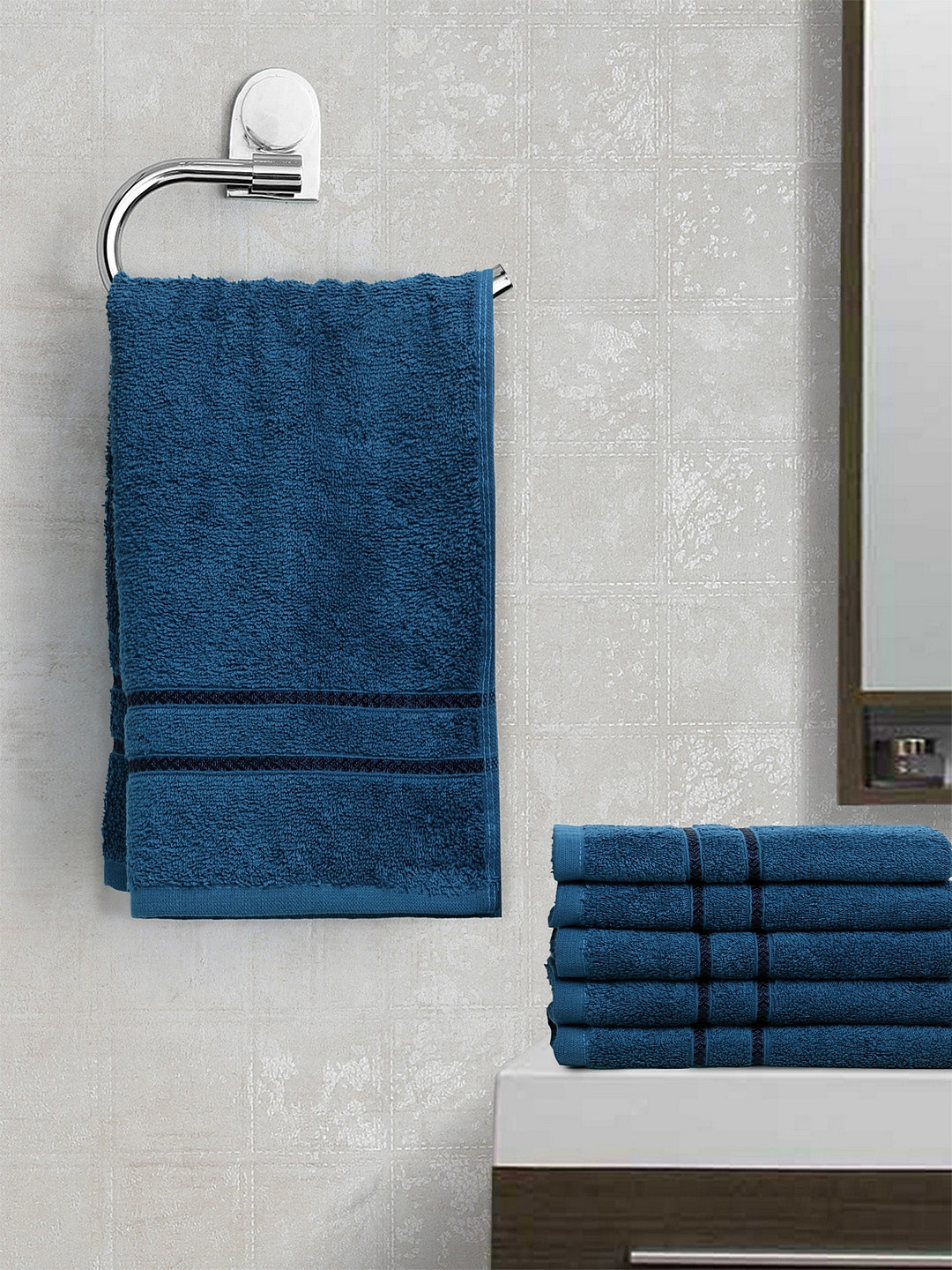 

BOMBAY DYEING Unisex Set Of 6 Teal Blue Solid Flora 350 GSM Hand Towels