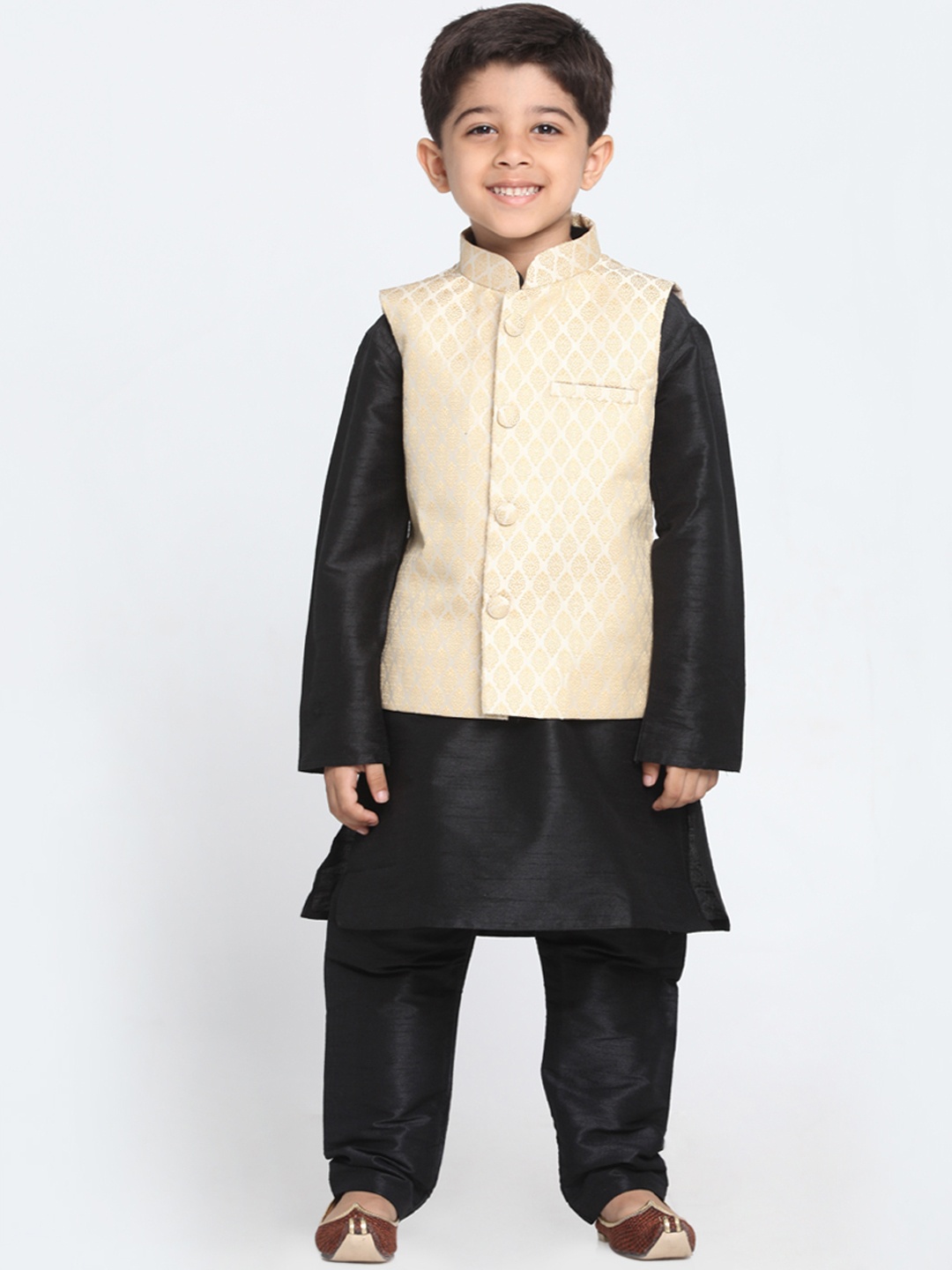 

JBN Creation Boys Beige & Black Solid Kurta with Pyjamas & Nehru Jacket
